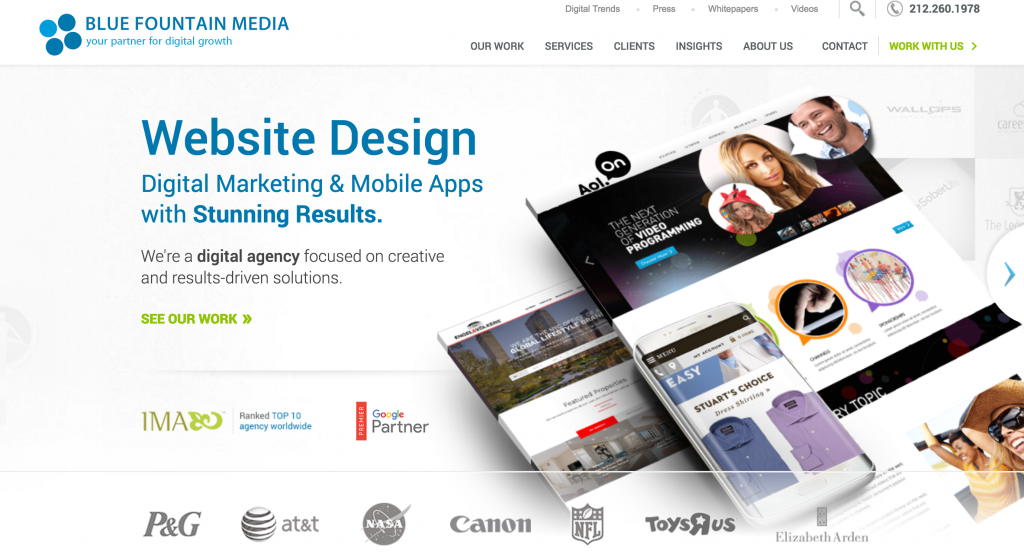 Blue Fountain Media's landing page.